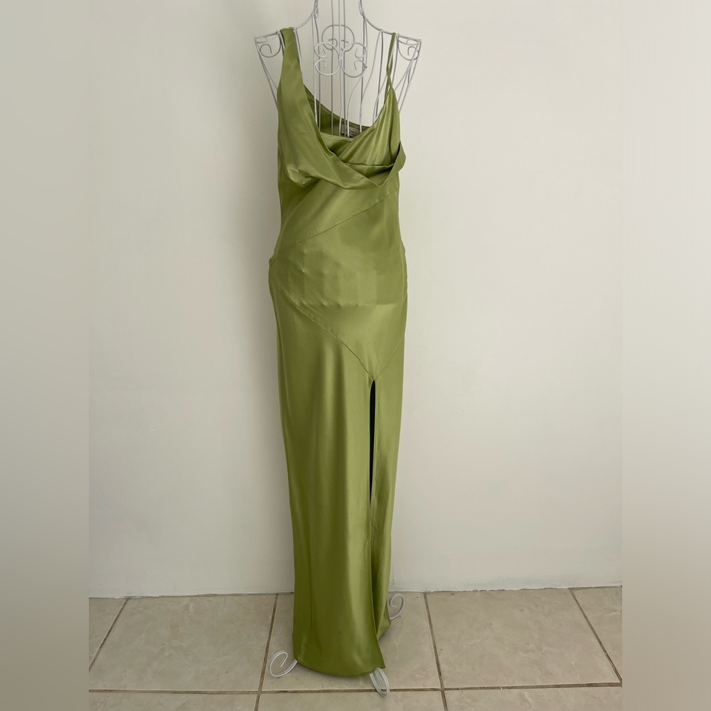RTR Nicholas Duna one-shoulder satin maxi dress gown slit olive green size 2 - Picture 2 of 15